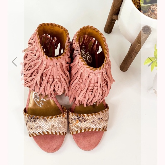 Naughty Monkey Leather Upper with a tooled toe strap and fringe ankle Wedge Shoe - Picture 2 of 8